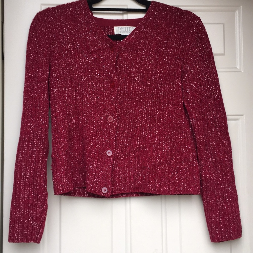 Cranberry cardigan sweater with silver threads